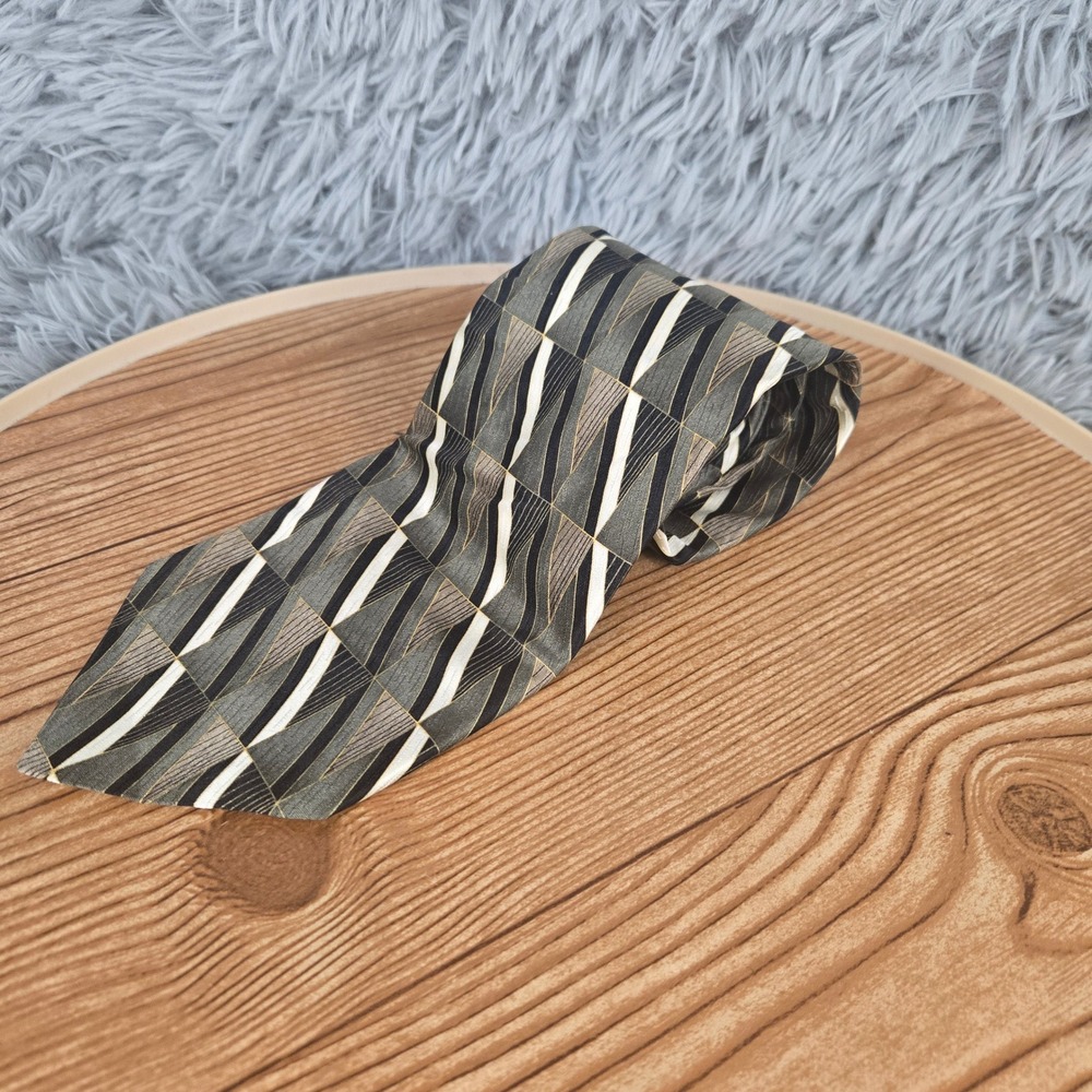 Puritan Geometric Silk Tie‎ Mens OS Green Gray Abstract Diagonal Stripe USA Made